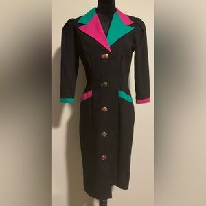 EUC Focus Vintage Pink, Green and Black Button Down Long Coat size 10 Petite